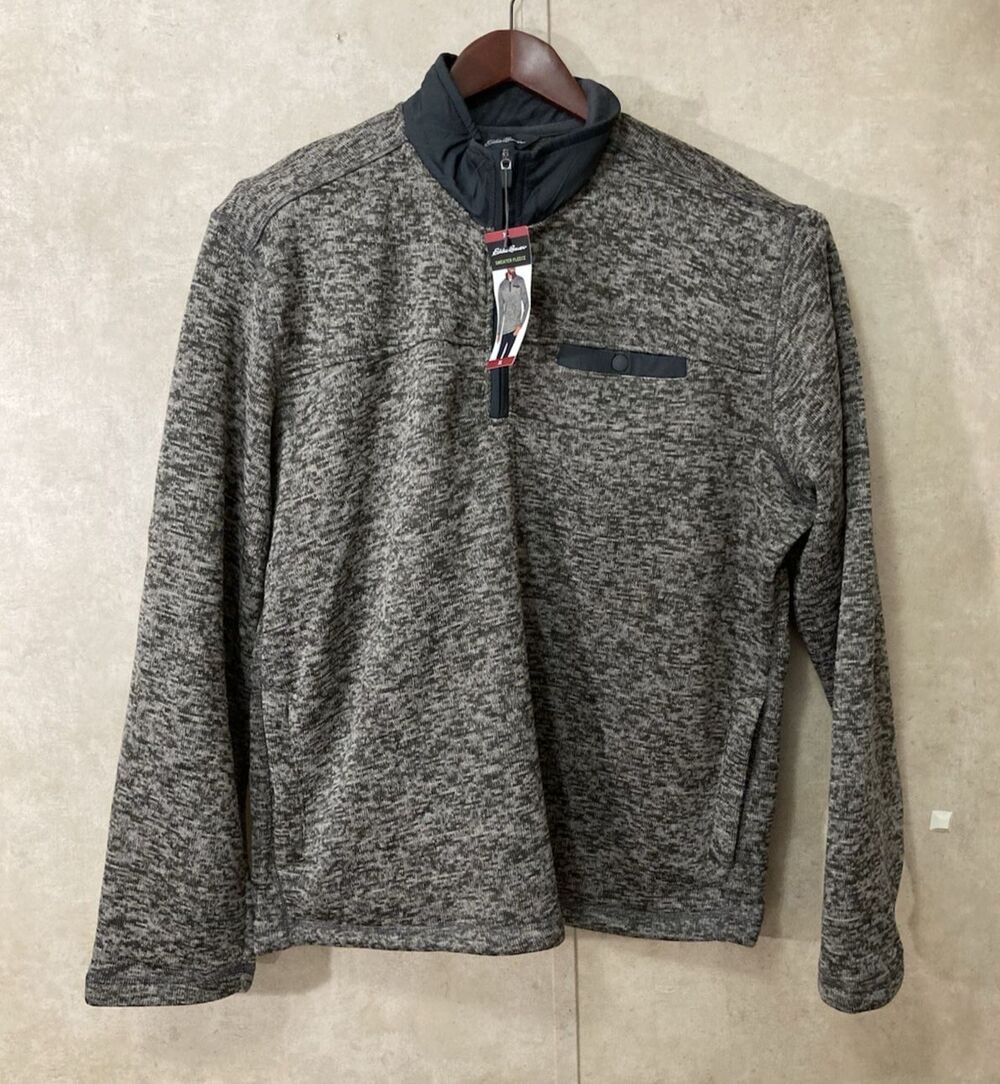 Eddie Bauer Fleece Pullover Mens XL Gray 1/4 Zip Moc Neck Pockets Warm - Picture 2 of 11